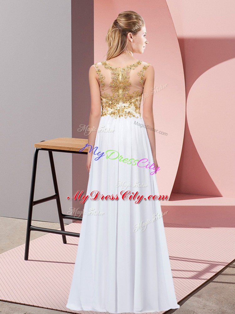 White Empire Beading and Appliques Wedding Party Dress Zipper Chiffon Sleeveless Floor Length