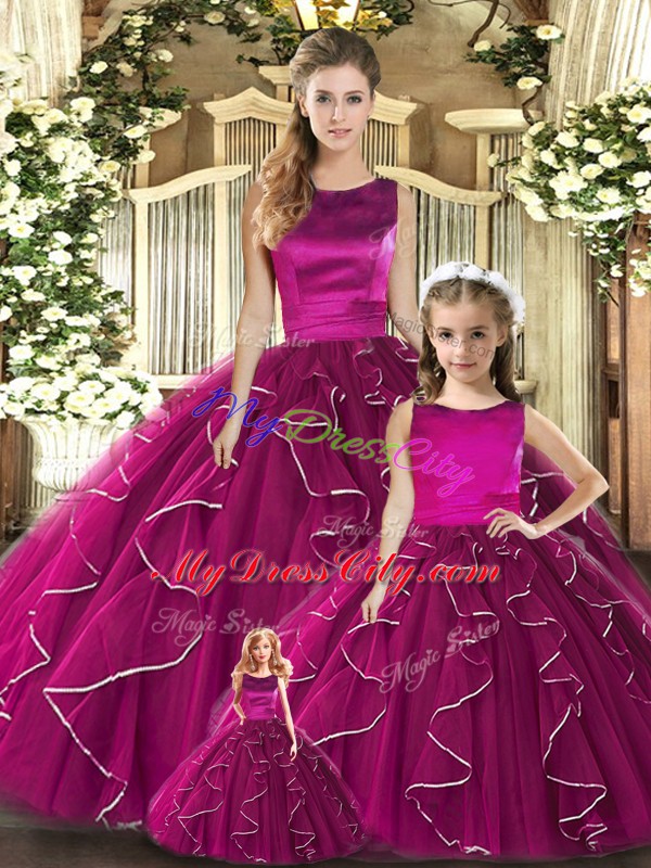 Ruffles Quince Ball Gowns Fuchsia Lace Up Sleeveless Floor Length