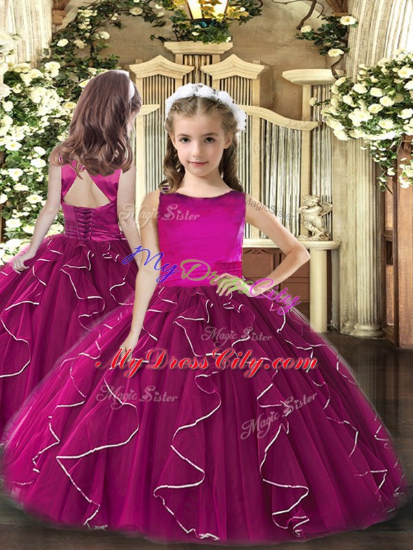 Ruffles Quince Ball Gowns Fuchsia Lace Up Sleeveless Floor Length