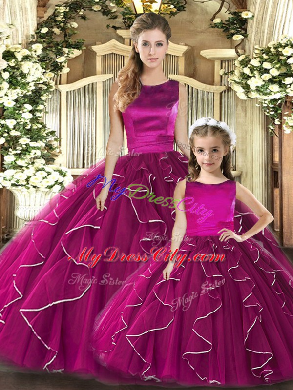 Ruffles Quince Ball Gowns Fuchsia Lace Up Sleeveless Floor Length