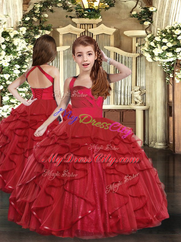 Floor Length Red Pageant Gowns For Girls Tulle Sleeveless Ruffles