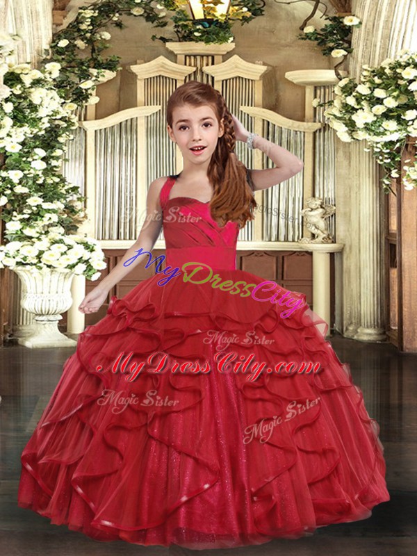 Floor Length Red Pageant Gowns For Girls Tulle Sleeveless Ruffles