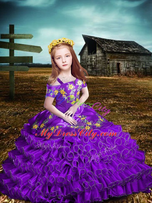 Embroidery and Ruffled Layers Pageant Dress for Womens Purple Lace Up Short Sleeves Floor Length