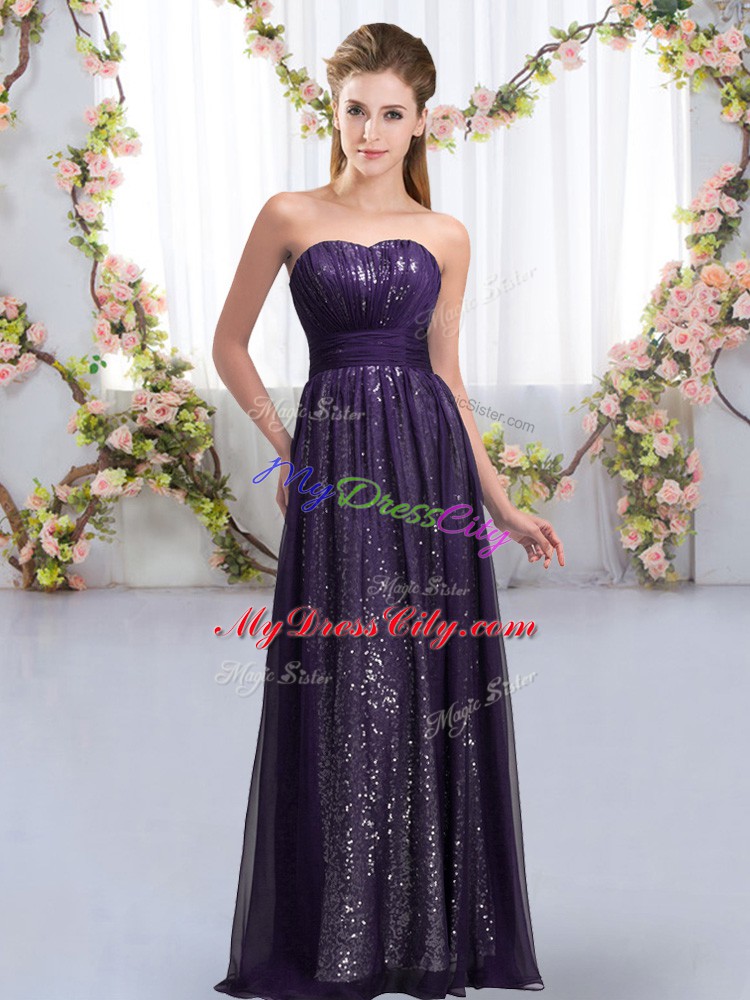 Glittering Dark Purple Empire Sequins Wedding Guest Dresses Lace Up Chiffon and Sequined Sleeveless Floor Length