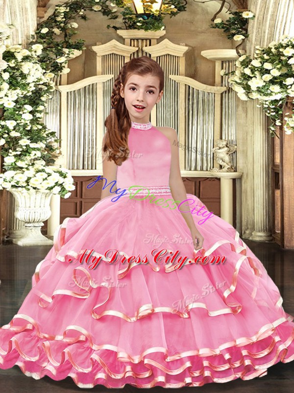 Pink Sleeveless Beading and Ruffled Layers Floor Length Little Girls Pageant Dress Wholesale