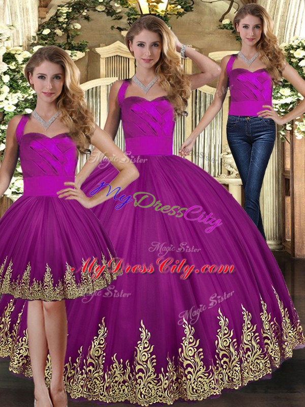 Floor Length Three Pieces Sleeveless Fuchsia Vestidos de Quinceanera Lace Up