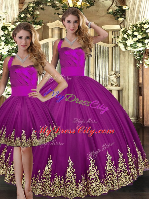 Floor Length Three Pieces Sleeveless Fuchsia Vestidos de Quinceanera Lace Up