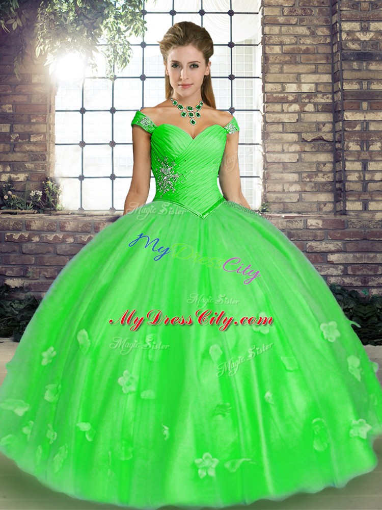 Custom Fit Green Tulle Lace Up Off The Shoulder Sleeveless Floor Length Vestidos de Quinceanera Beading and Appliques