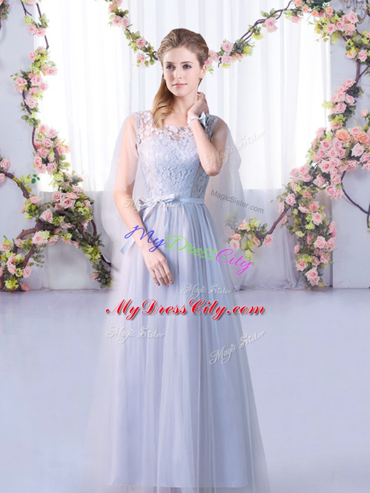 Captivating Sleeveless Tulle Floor Length Lace Up Bridesmaid Dresses in Grey with Lace