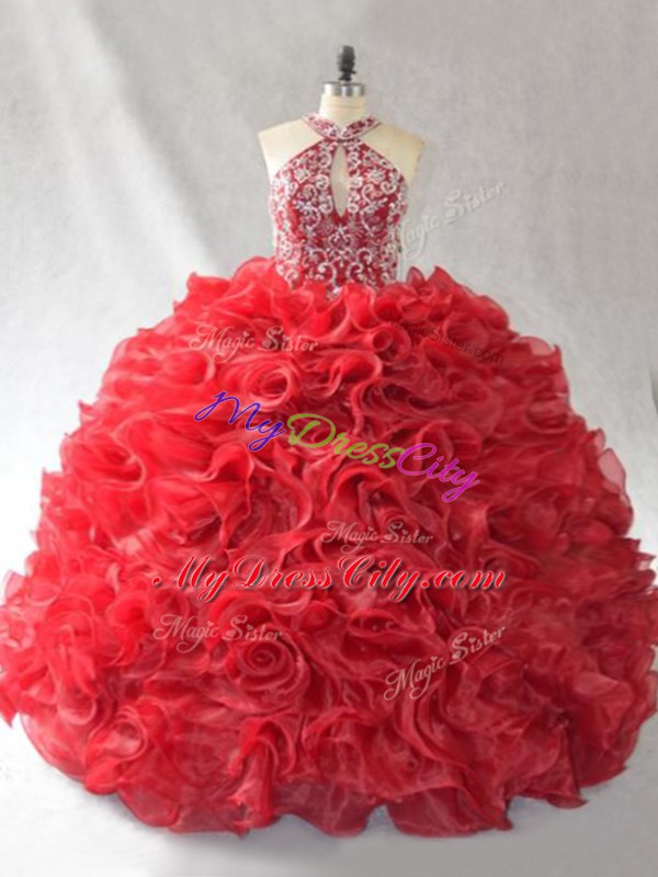 Lace Up 15 Quinceanera Dress Red for Sweet 16 and Quinceanera with Beading and Ruffles Brush Train