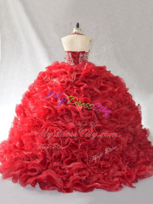 Lace Up 15 Quinceanera Dress Red for Sweet 16 and Quinceanera with Beading and Ruffles Brush Train