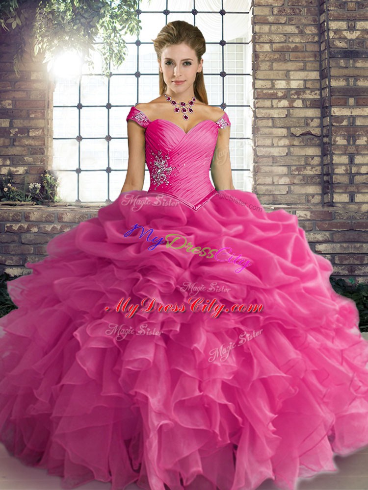 Sexy Hot Pink Sleeveless Floor Length Beading and Ruffles and Pick Ups Lace Up Quinceanera Dresses