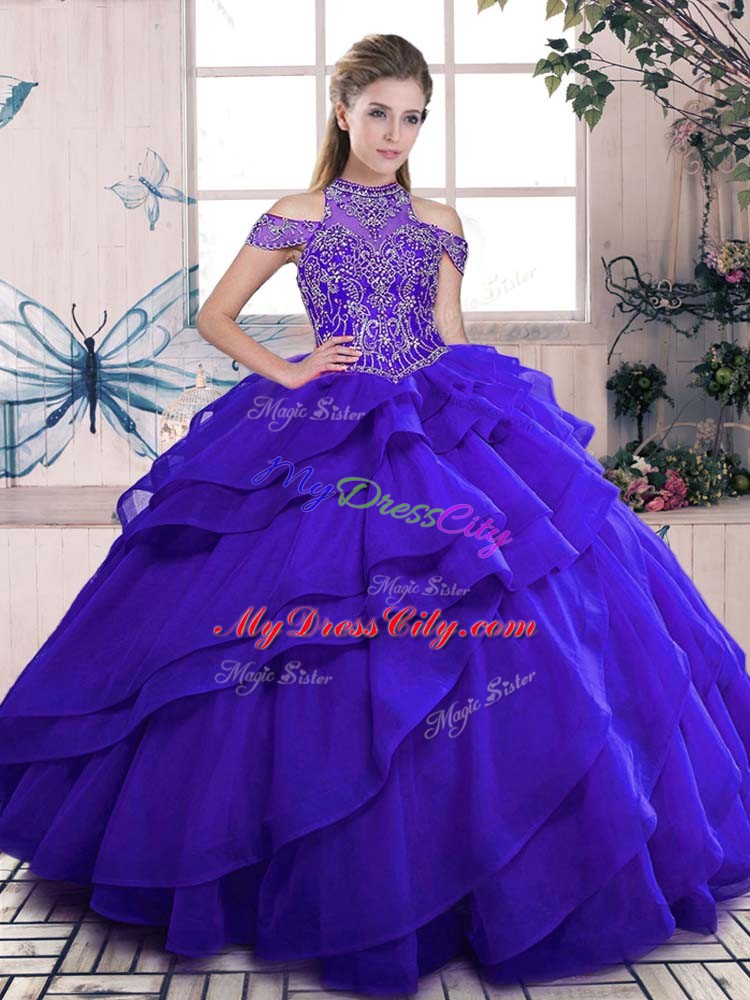 Blue High-neck Neckline Beading and Ruffles Sweet 16 Dress Sleeveless Lace Up