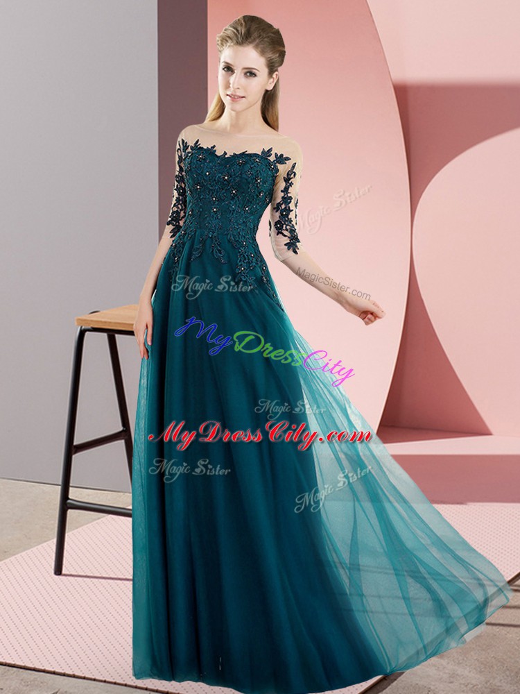 Smart Peacock Green Chiffon Lace Up Bateau Half Sleeves Floor Length Bridesmaid Gown Beading and Lace