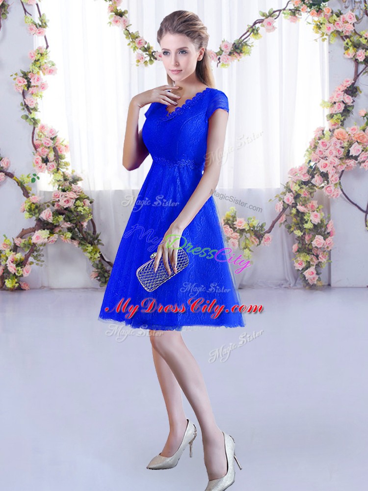 Eye-catching Mini Length Royal Blue Wedding Party Dress Lace Cap Sleeves Lace