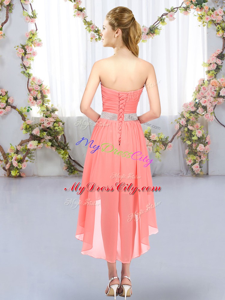 Chic Sleeveless Chiffon High Low Lace Up Wedding Party Dress in with Belt