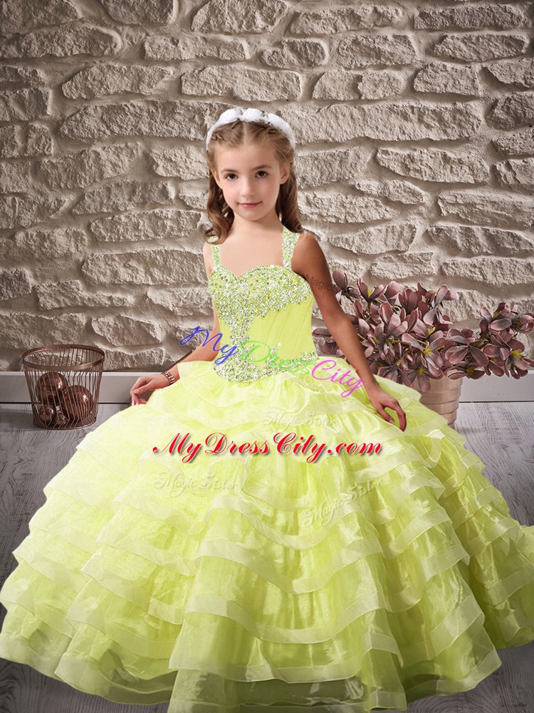 Yellow Green Column/Sheath Organza Straps Sleeveless Beading and Ruffled Layers Lace Up Kids Formal Wear Brush Train