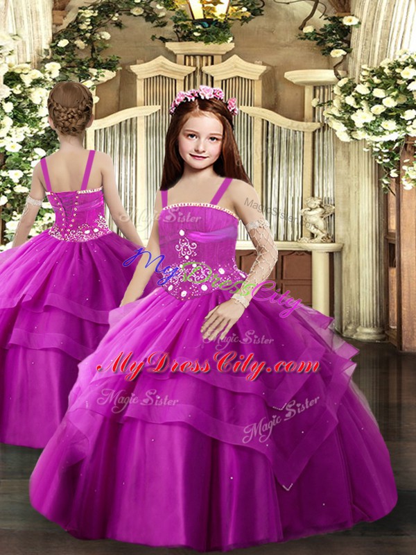 Classical Sleeveless Floor Length Beading and Ruching Lace Up Pageant Dress for Teens with Fuchsia