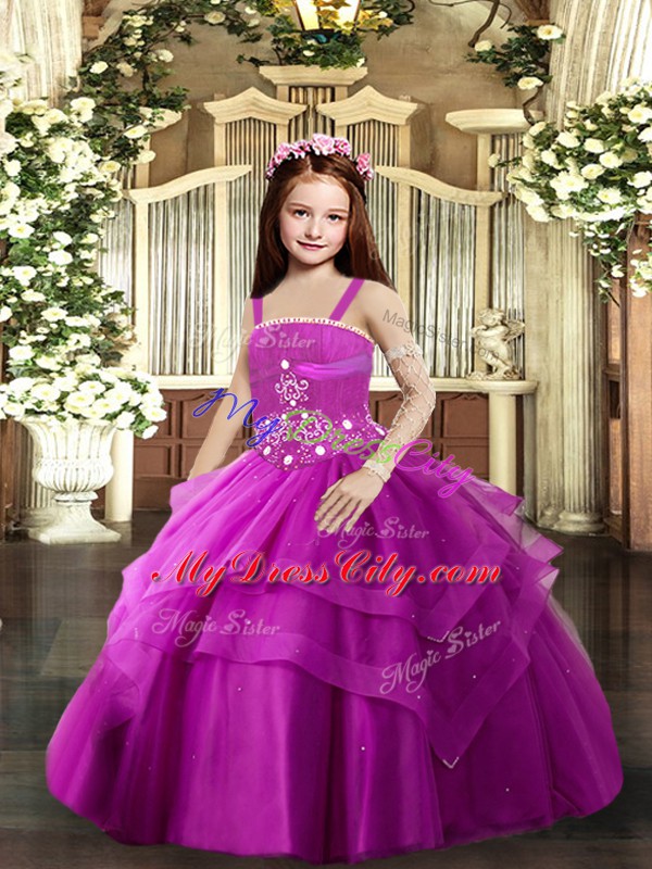 Classical Sleeveless Floor Length Beading and Ruching Lace Up Pageant Dress for Teens with Fuchsia