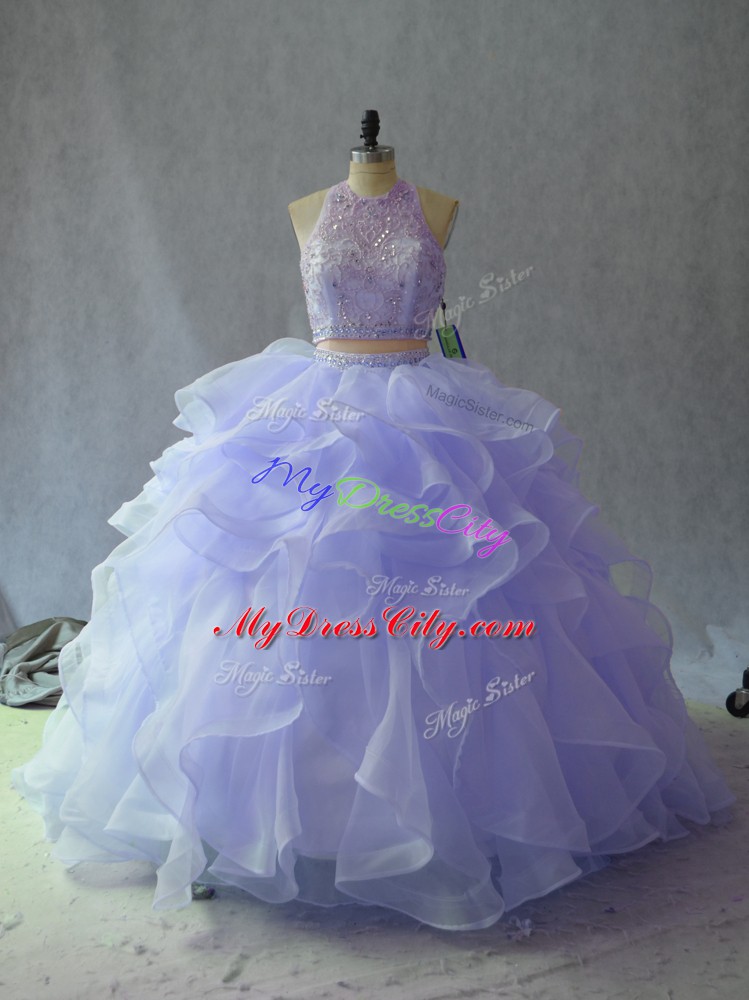 Custom Design Halter Top Sleeveless Backless Sweet 16 Dresses Lavender Organza