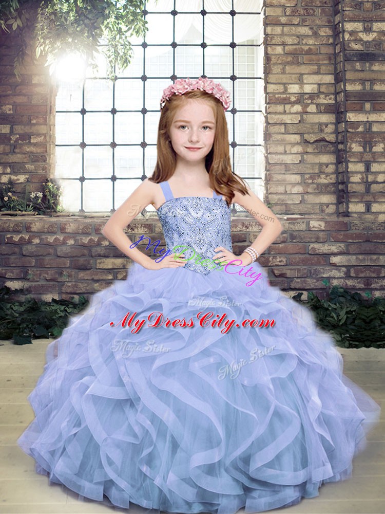 Customized Light Blue Straps Lace Up Beading Little Girl Pageant Gowns Sleeveless