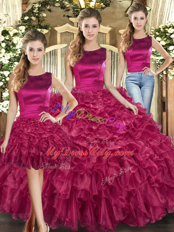 Graceful Floor Length Lace Up 15 Quinceanera Dress Fuchsia for Military Ball and Sweet 16 and Quinceanera with Ruffles