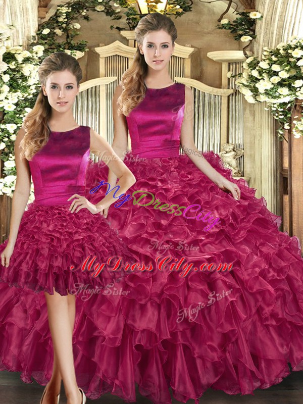 Graceful Floor Length Lace Up 15 Quinceanera Dress Fuchsia for Military Ball and Sweet 16 and Quinceanera with Ruffles