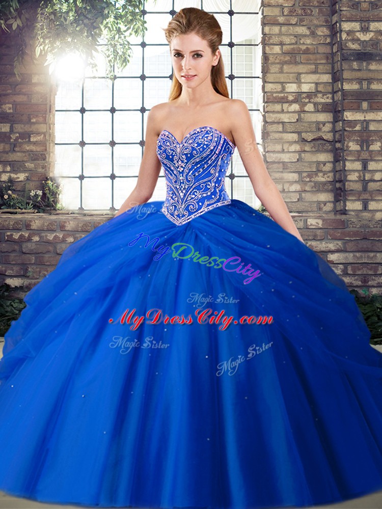 Pretty Sleeveless Beading and Pick Ups Lace Up Ball Gown Prom Dress with Royal Blue Brush Train