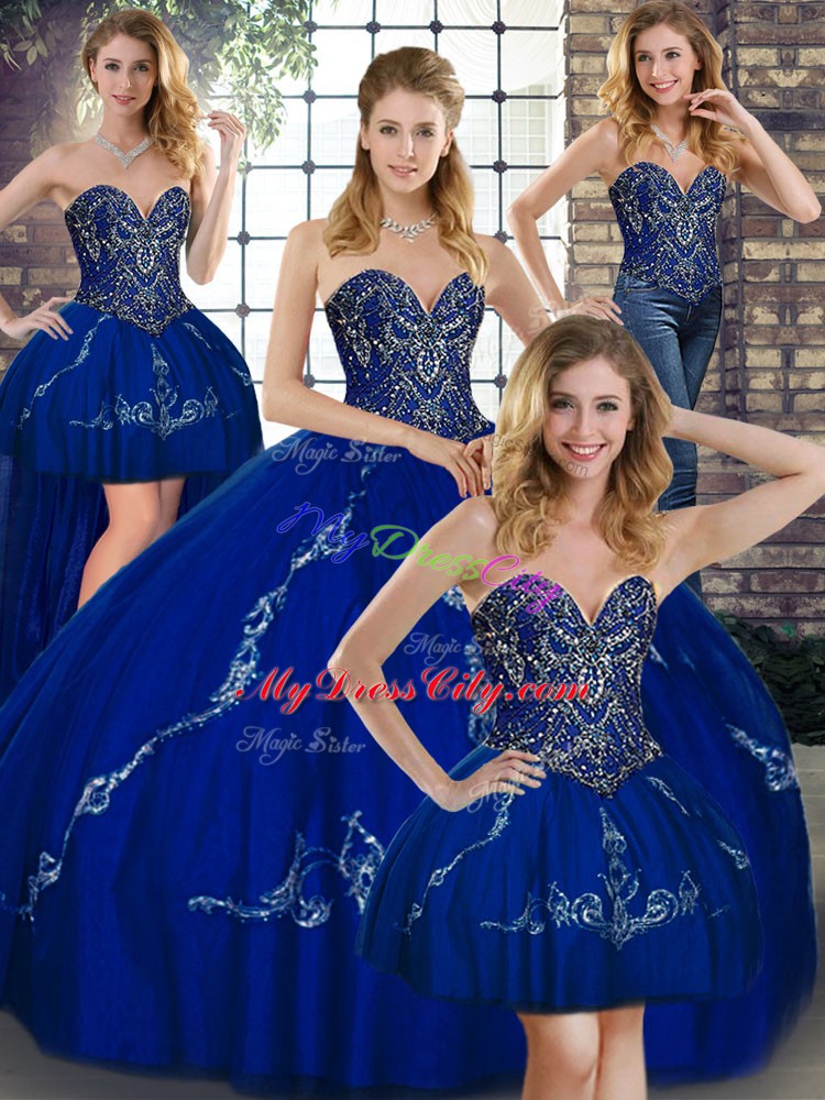 Floor Length Lace Up Quinceanera Dresses Royal Blue for Military Ball and Sweet 16 and Quinceanera with Beading and Embroidery