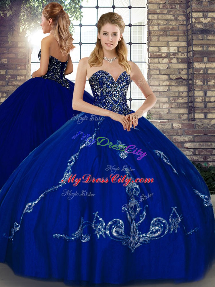 Floor Length Lace Up Quinceanera Dresses Royal Blue for Military Ball and Sweet 16 and Quinceanera with Beading and Embroidery