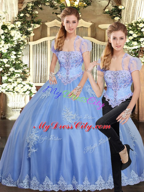 Nice Ball Gowns Sweet 16 Dress Light Blue Strapless Tulle Sleeveless Floor Length Lace Up