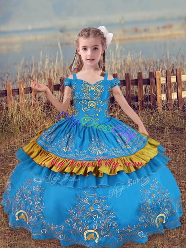 Off The Shoulder Sleeveless Girls Pageant Dresses Floor Length Beading and Embroidery Baby Blue Satin