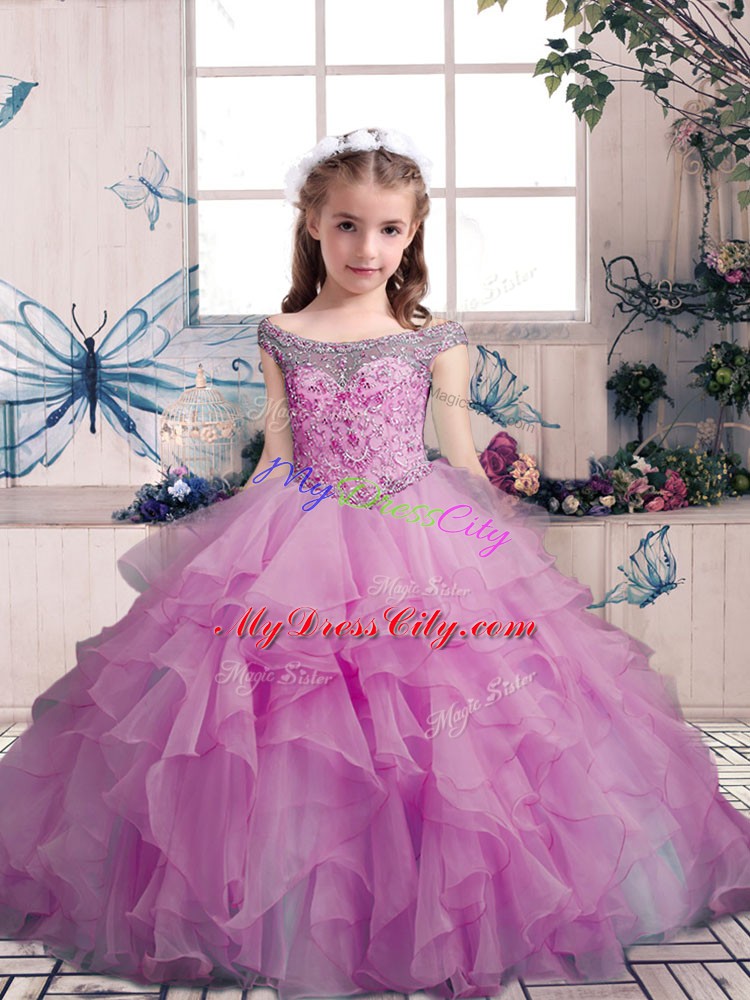 Floor Length Lilac Little Girls Pageant Gowns Off The Shoulder Sleeveless Lace Up