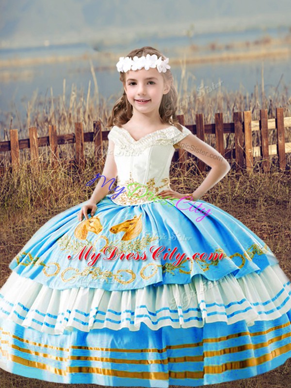 Modern Baby Blue Satin Lace Up Off The Shoulder Sleeveless Floor Length Little Girls Pageant Gowns Embroidery