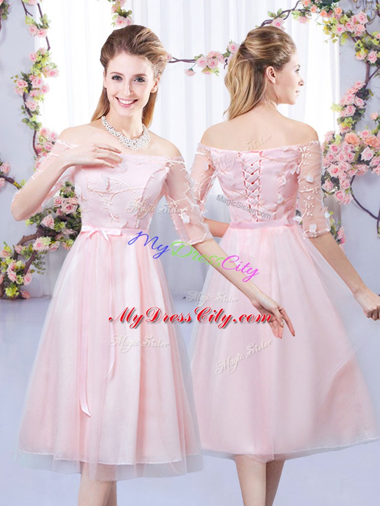 Tea Length Lace Up Court Dresses for Sweet 16 Baby Pink for Wedding Party with Lace and Belt