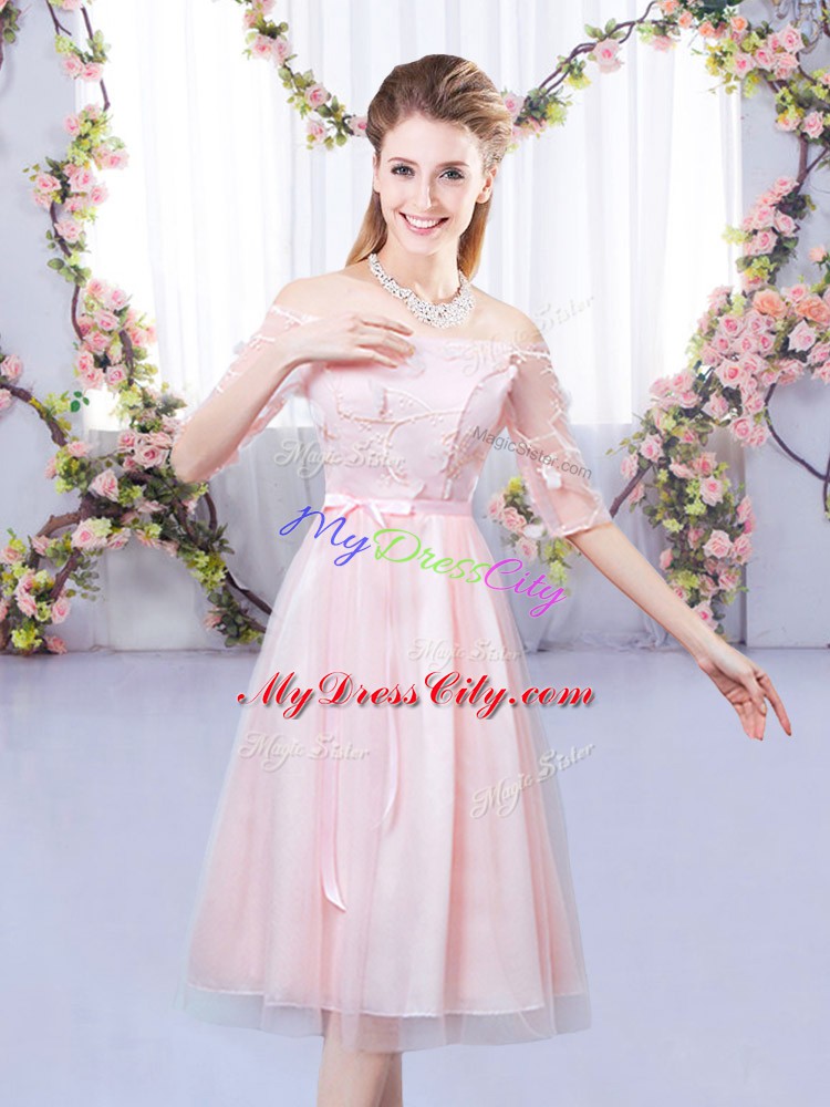 Tea Length Lace Up Court Dresses for Sweet 16 Baby Pink for Wedding Party with Lace and Belt