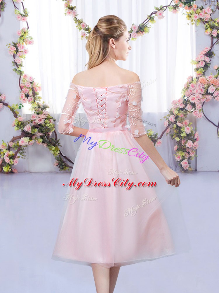 Tea Length Lace Up Court Dresses for Sweet 16 Baby Pink for Wedding Party with Lace and Belt