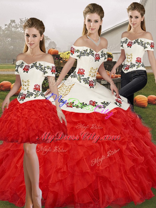 Excellent Floor Length White And Red Quinceanera Dresses Organza Sleeveless Embroidery and Ruffles