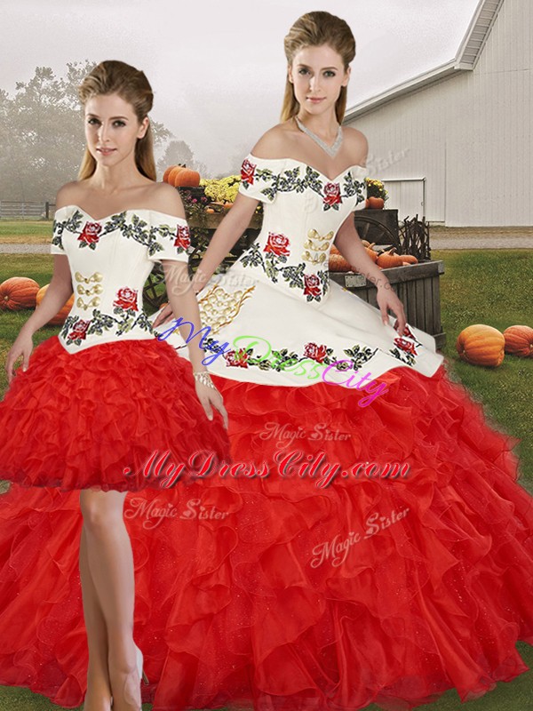 Excellent Floor Length White And Red Quinceanera Dresses Organza Sleeveless Embroidery and Ruffles