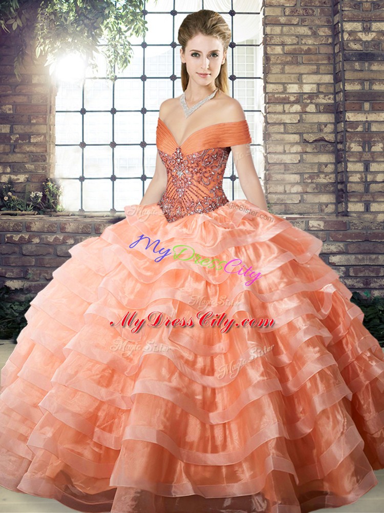 Romantic Peach Vestidos de Quinceanera Off The Shoulder Sleeveless Brush Train Lace Up