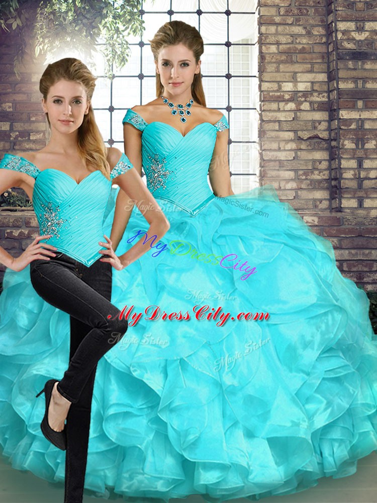 Lovely Aqua Blue Quinceanera Dresses Military Ball and Sweet 16 and Quinceanera with Beading and Ruffles Off The Shoulder Sleeveless Lace Up