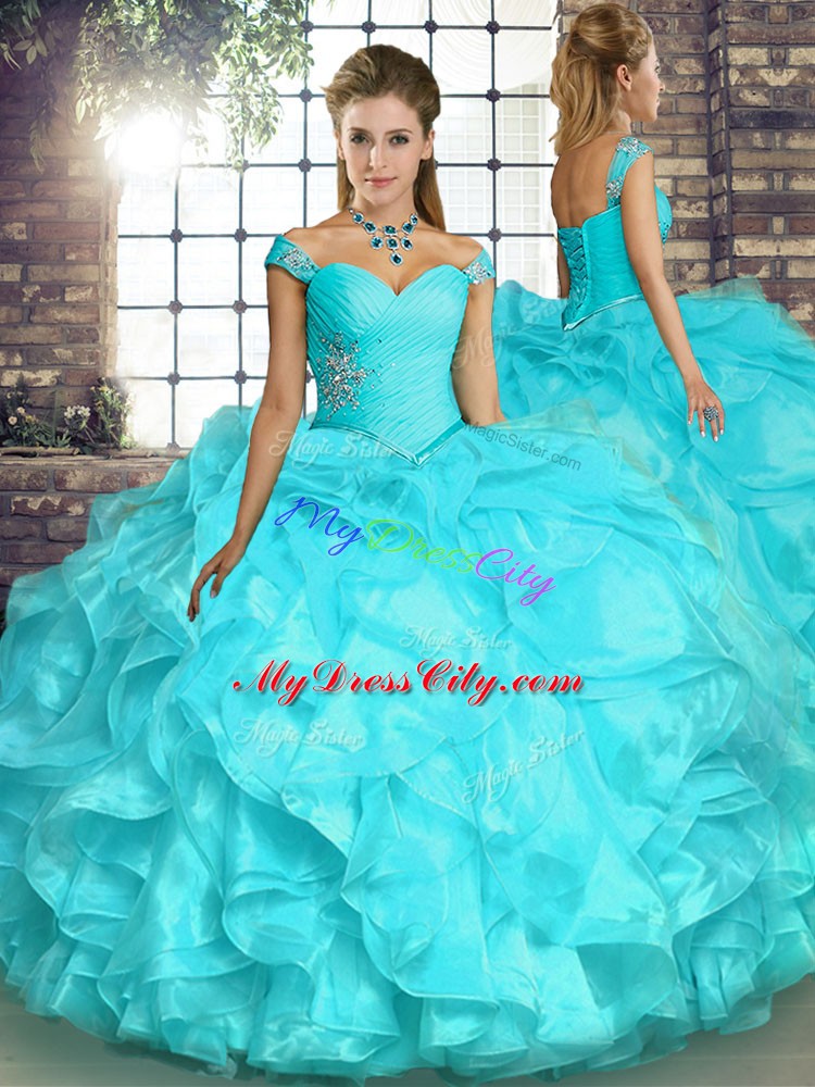 Lovely Aqua Blue Quinceanera Dresses Military Ball and Sweet 16 and Quinceanera with Beading and Ruffles Off The Shoulder Sleeveless Lace Up