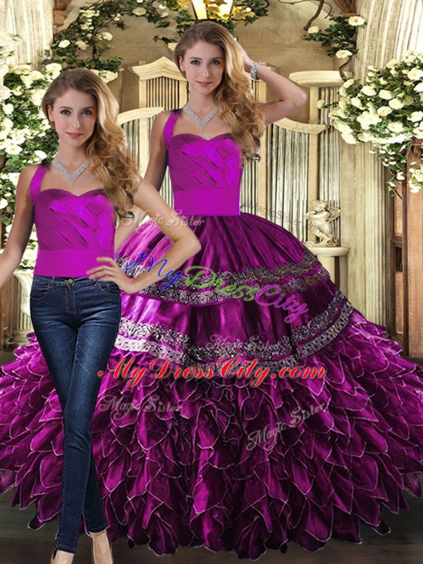 Designer Organza Sleeveless Floor Length Sweet 16 Dress and Embroidery and Ruffles