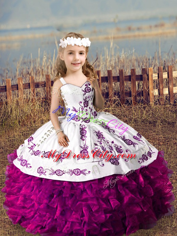 Affordable Fuchsia Straps Lace Up Embroidery and Ruffles Pageant Dress for Teens Sleeveless