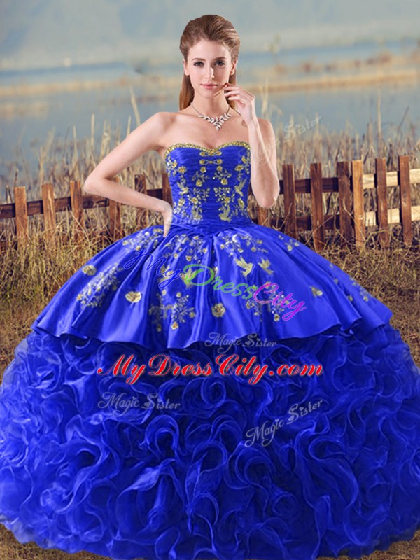 Luxurious Sweetheart Sleeveless Organza Sweet 16 Dress Embroidery and Ruffles Brush Train Lace Up