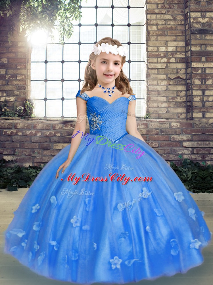 Cute Sleeveless Beading and Hand Made Flower Lace Up Little Girl Pageant Gowns