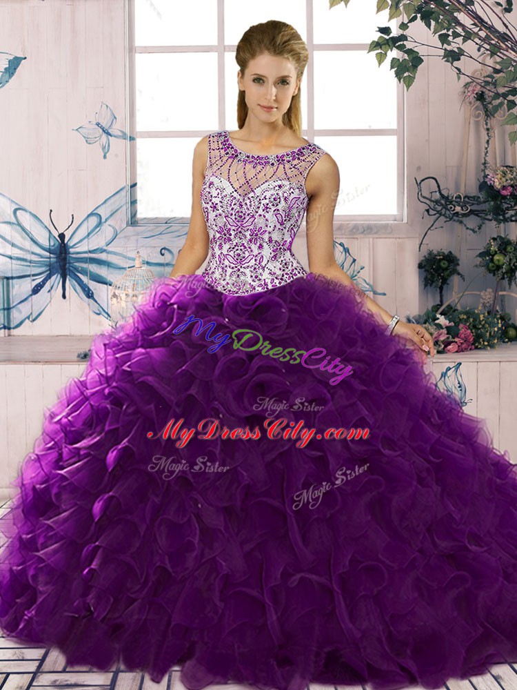 Vintage Floor Length Purple Vestidos de Quinceanera Scoop Sleeveless Lace Up