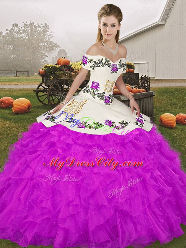 Fashionable Purple Sleeveless Floor Length Embroidery and Ruffles Lace Up Quinceanera Dresses