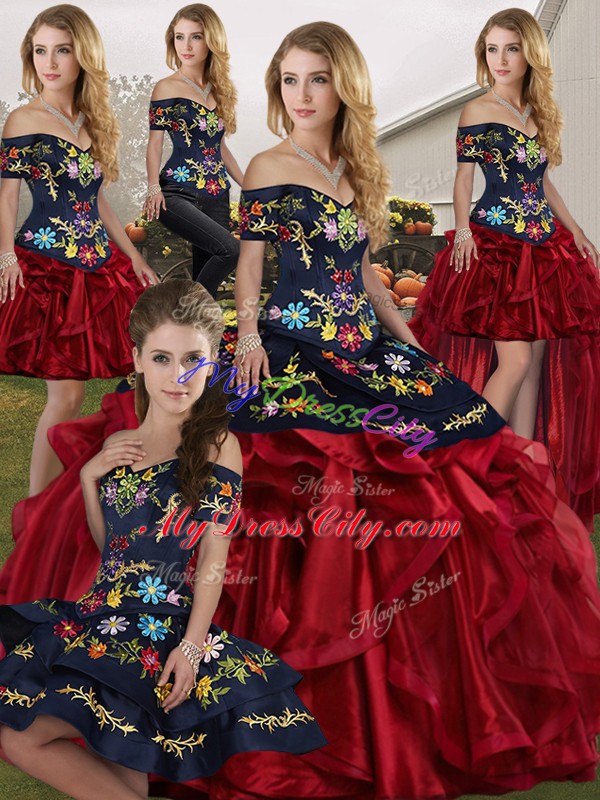 Spectacular Sleeveless Floor Length Embroidery and Ruffles Lace Up Quinceanera Dress with Red And Black