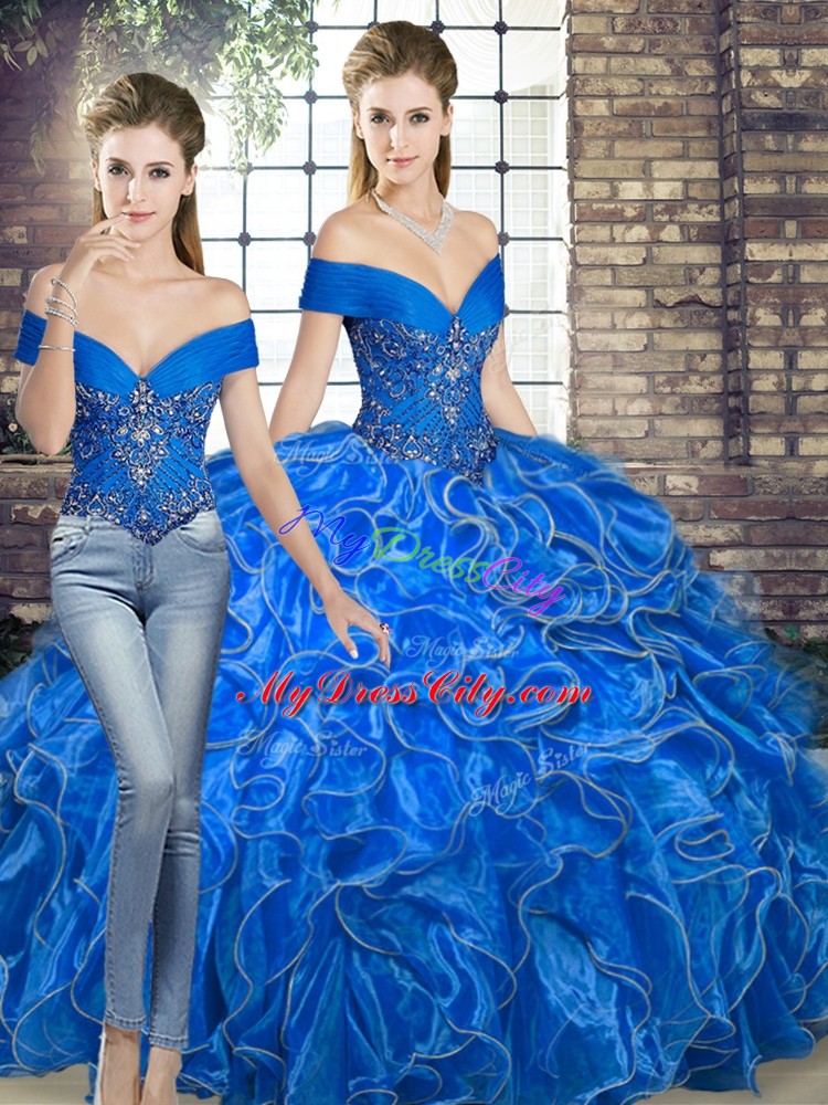 Royal Blue Two Pieces Organza Off The Shoulder Sleeveless Beading and Ruffles Floor Length Lace Up 15th Birthday Dress